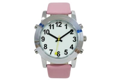 Reloj de pulsera parlante en español color rosa con voz en español. Diseño con pantalla grande diseñado para personas con dificultades visuales